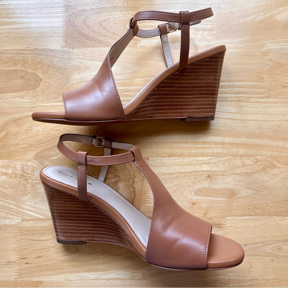 COLE HAAN Maddie Open Toe Tan Wedge Sandals, Pecan Leather, Size 8 - Picture 7 of 11